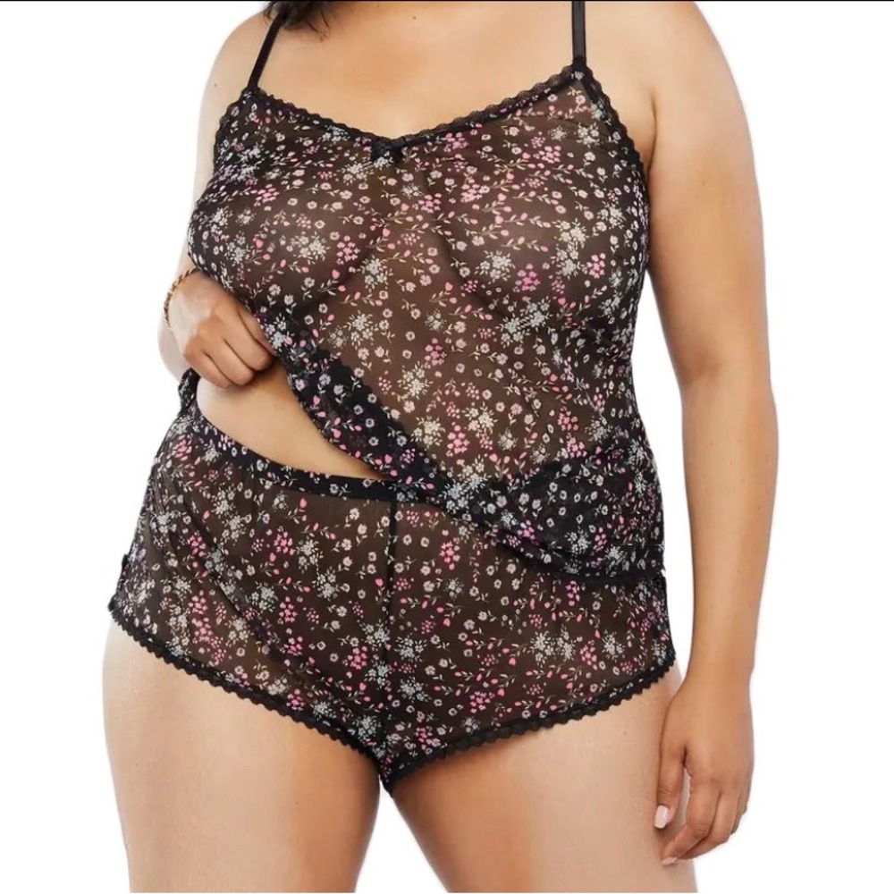 SXF 3-piece set- Black Pink Floral Mesh Cami, Tap Shorts & Crotchless Bikini